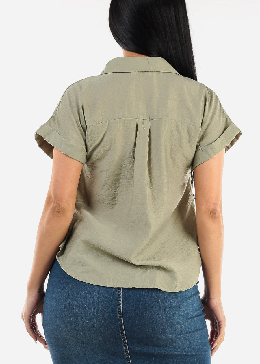 Short Sleeve Round Hem Collared Blouse Light Olive w Pockets