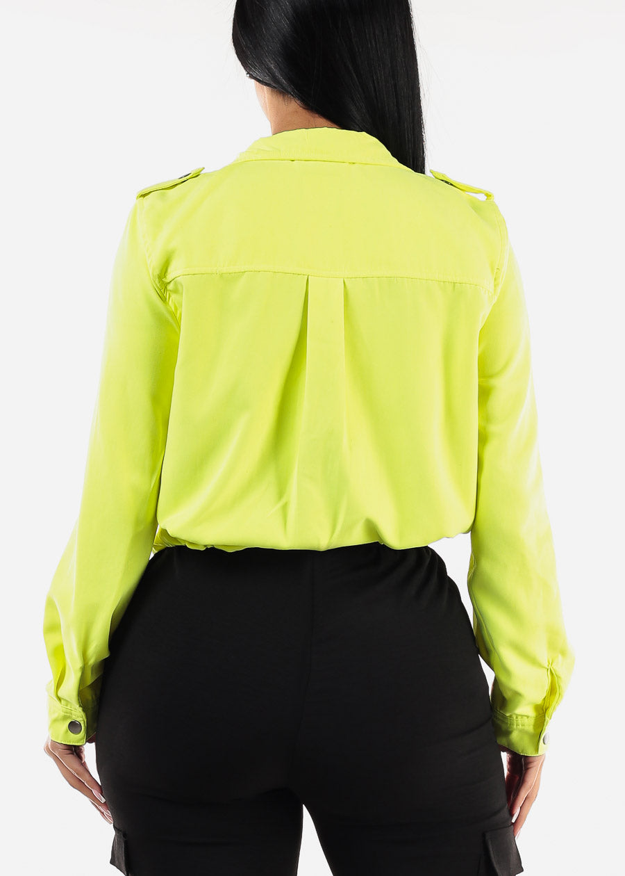 Zip Up Drawstring Waist Jacket Neon Yellow