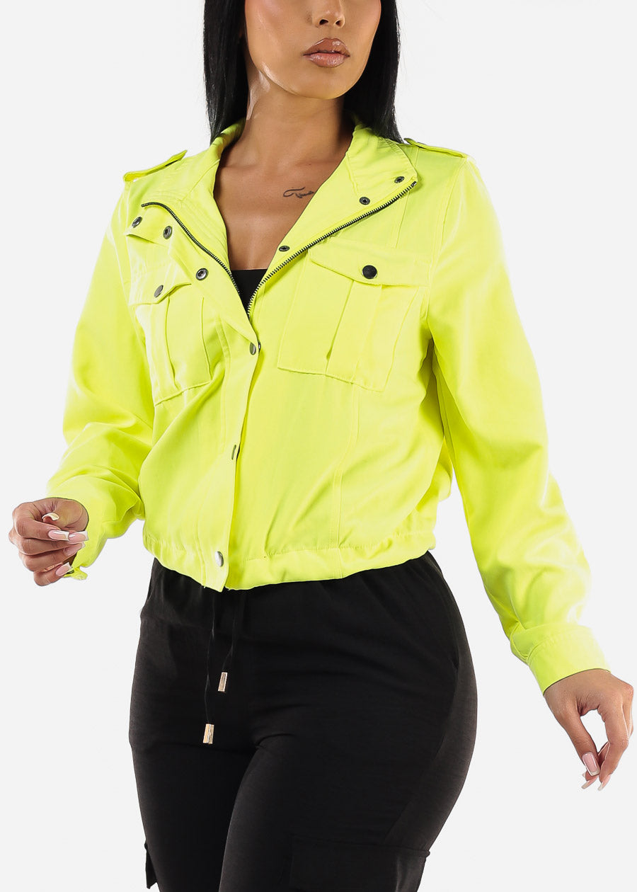 Zip Up Drawstring Waist Jacket Neon Yellow