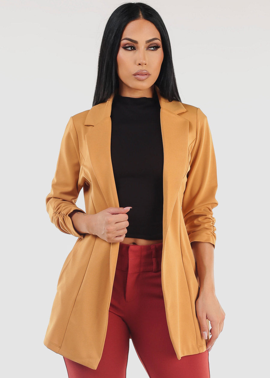 Formal Open Front Quarter Sleeve Blazer Mustard