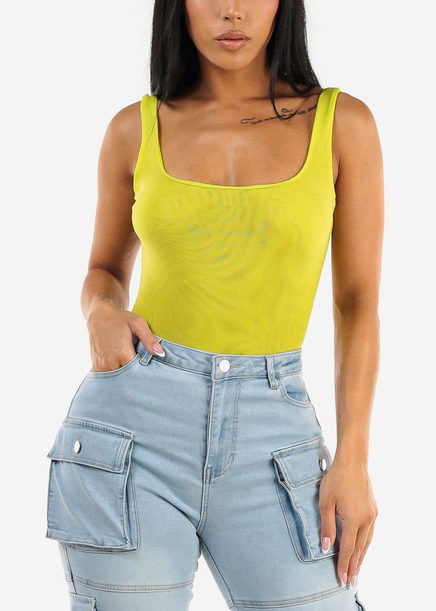 Sleeveless Double Layered Mesh Bodysuit Neon Green