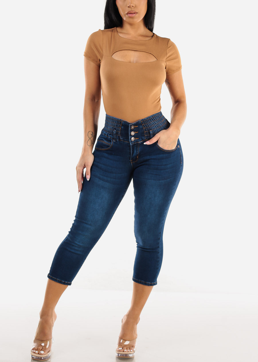 Short Sleeve Cut Out Double Layered Crop Top Light Brown