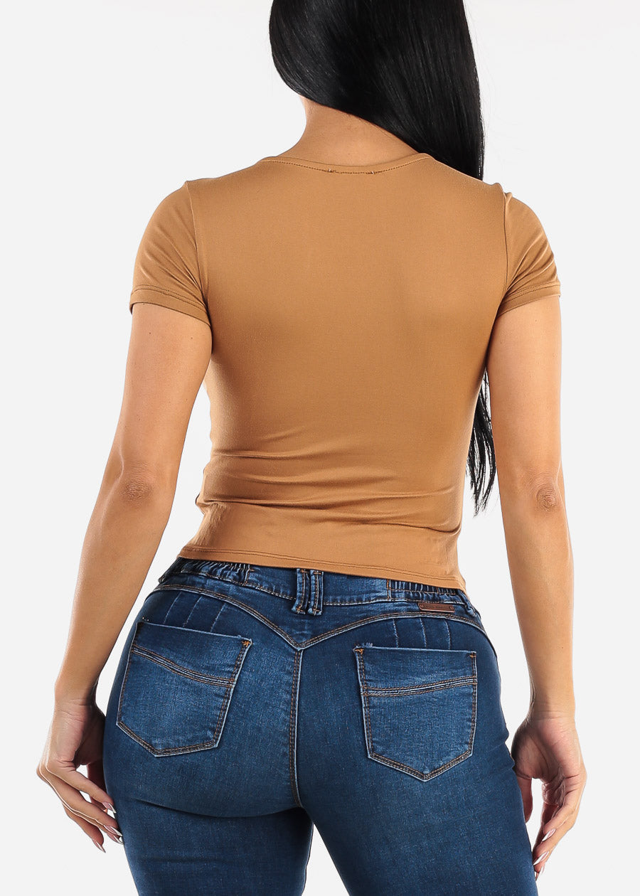 Short Sleeve Cut Out Double Layered Crop Top Light Brown