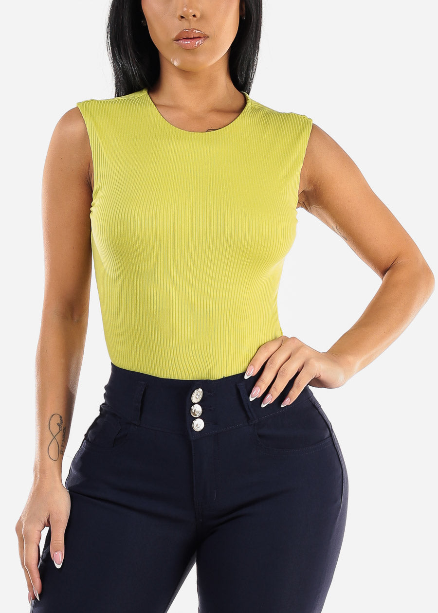 Sleeveless Ribbed Thong Bodysuit Lime