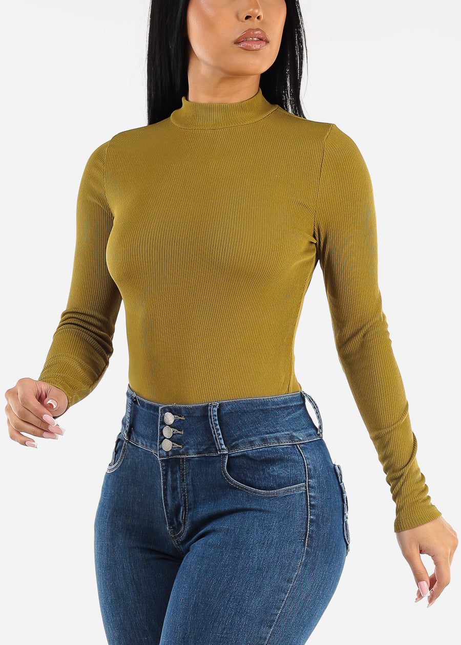 Long Sleeve Ribbed Mock Neck Bodysuit Light Olive