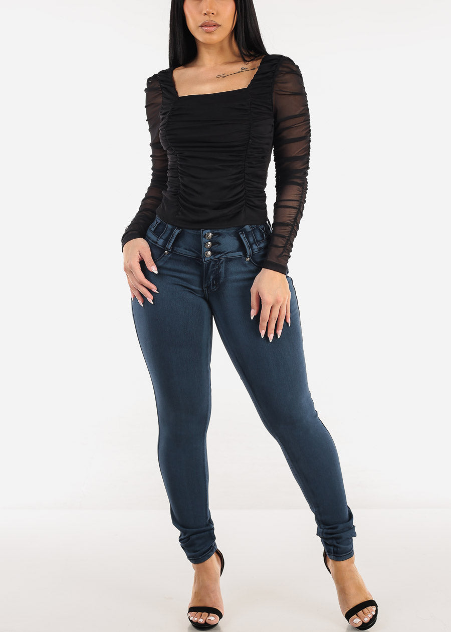 Long Sleeve Square Neck Shirred Mesh Top Black