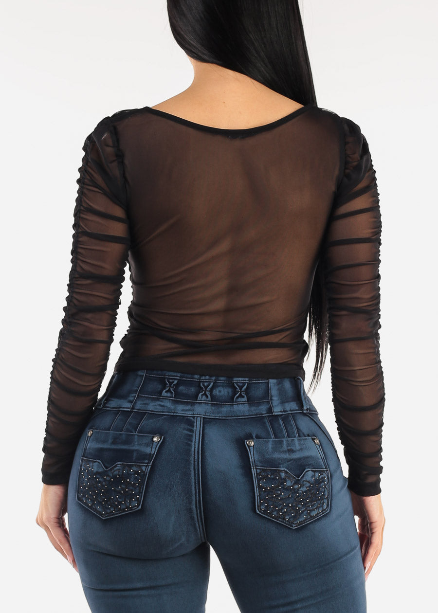 Long Sleeve Square Neck Shirred Mesh Top Black