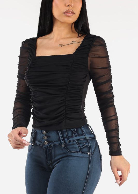 Long Sleeve Square Neck Shirred Mesh Top Black