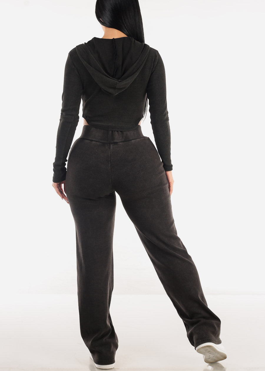 Black Long Sleeve Crop Jacket & Wide Leg Pants (2 PCE SET)