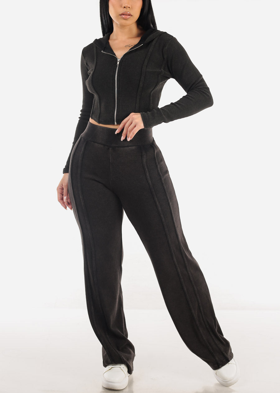 Black Long Sleeve Crop Jacket & Wide Leg Pants (2 PCE SET)