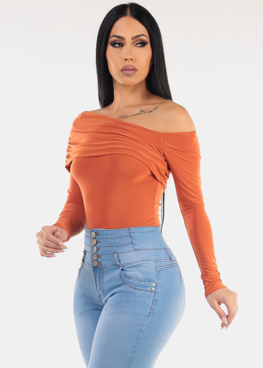 Ruched Long Sleeve Off Shoulder Blouse Rust