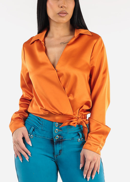 Long Sleeve Surplice Satin Blouse Orange