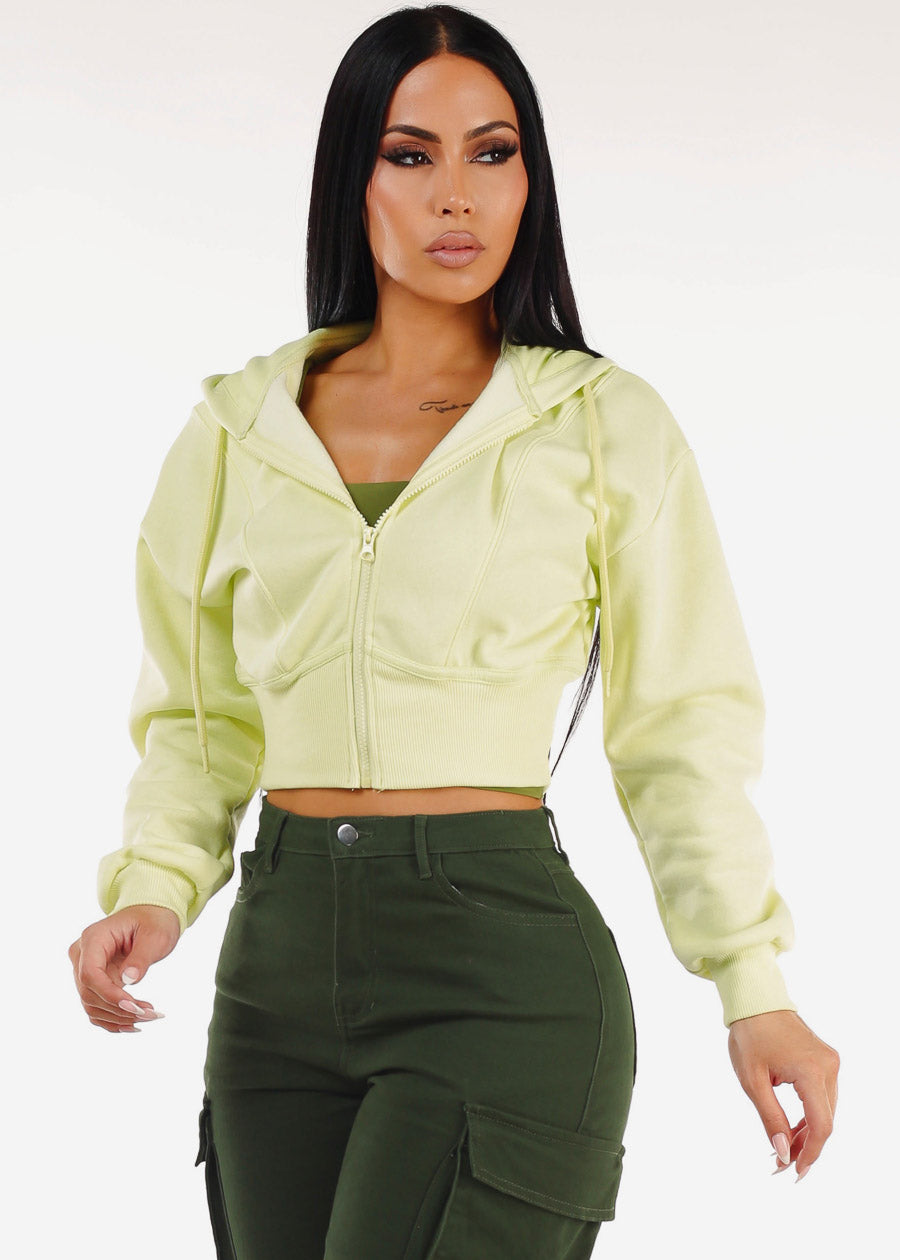 Fleece Zip Up Cropped Hoodie Lime Yellow