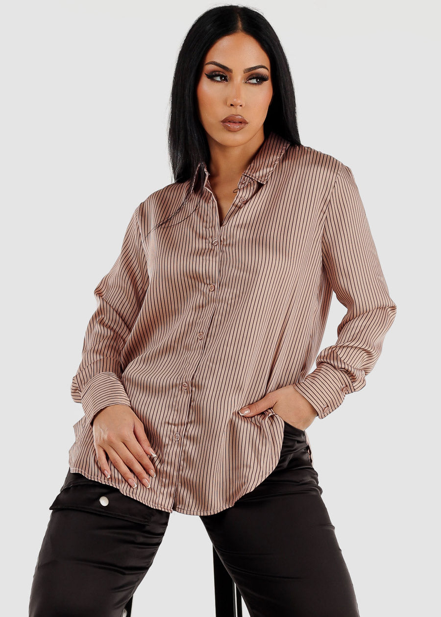 Long Sleeve Button Up Pinstripe Woven Shirt Mocha