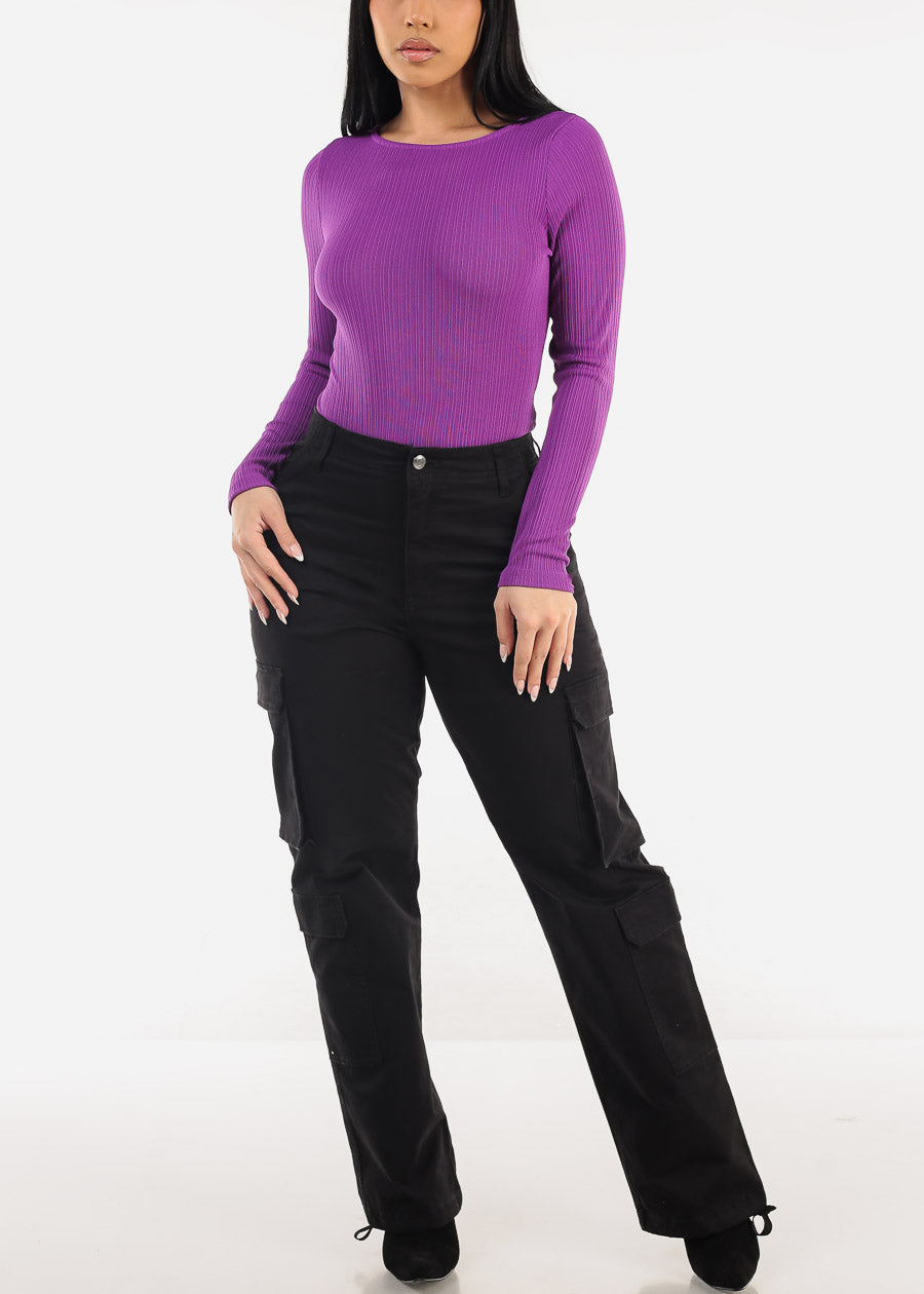 Round Neck Long Sleeve Thong Bodysuit Purple