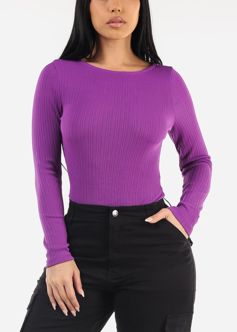 Round Neck Long Sleeve Thong Bodysuit Purple