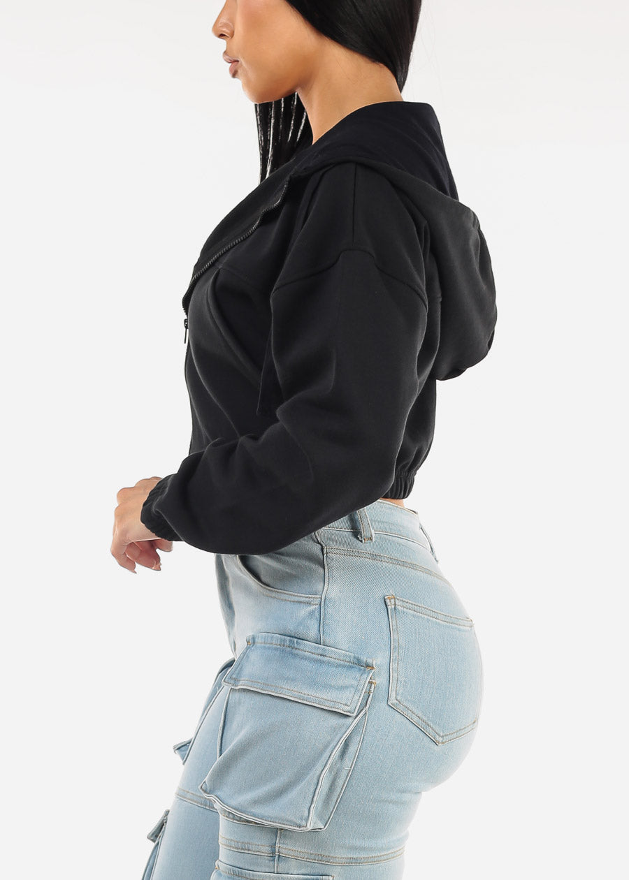 Black Hooded Long Sleeve Fleece Cropped Jacket