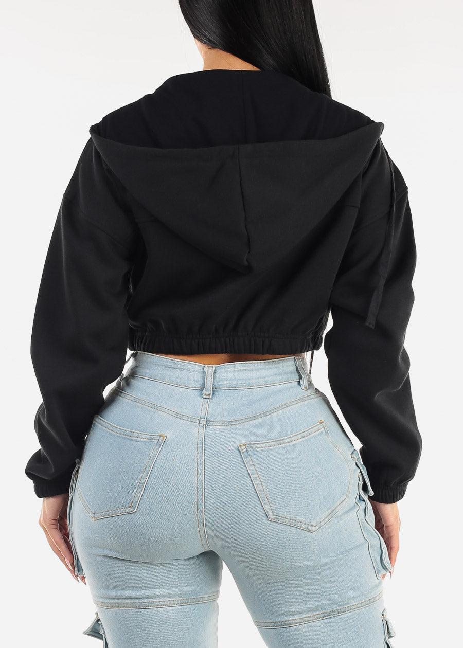 Black Hooded Long Sleeve Fleece Cropped Jacket