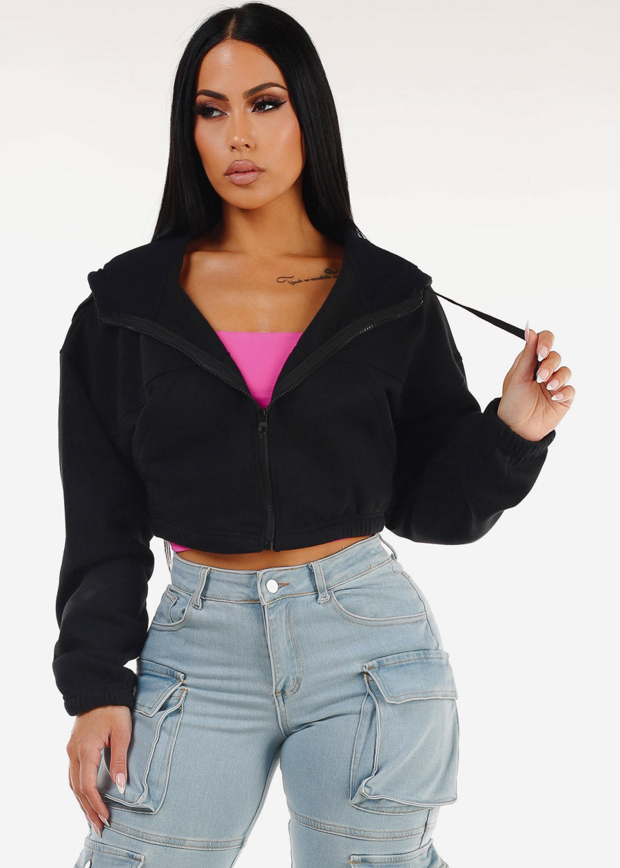 Black Hooded Long Sleeve Fleece Cropped Jacket