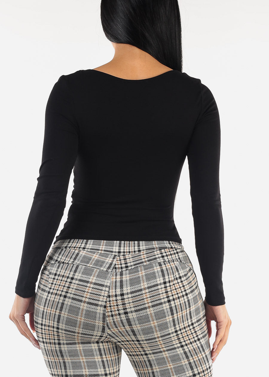 Long Sleeve Vneck Black Top w Ruched Sides