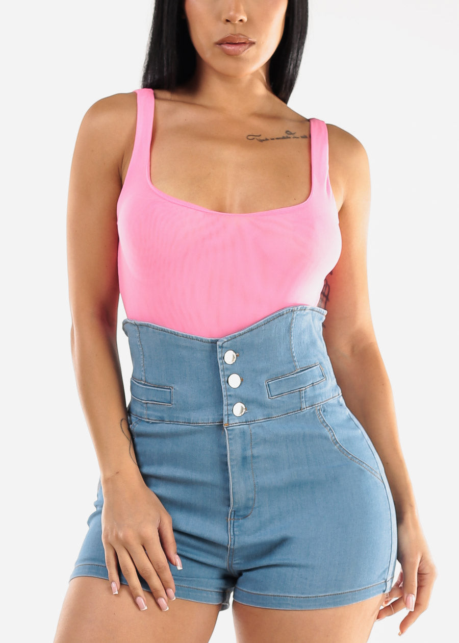 Sleeveless Double Layered Mesh Bodysuit Neon Pink