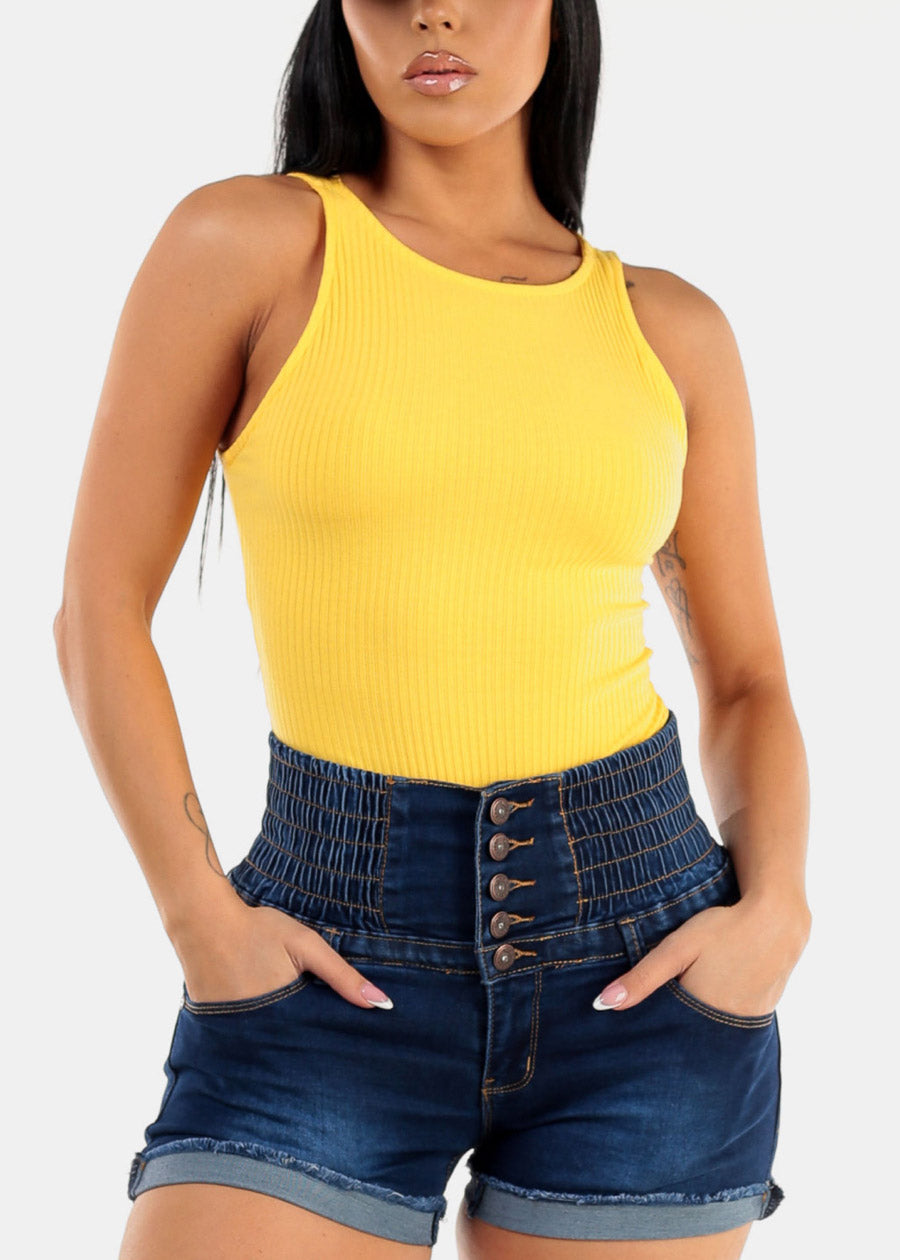 Sleeveless Ribbed Thong Bodysuit Yellow