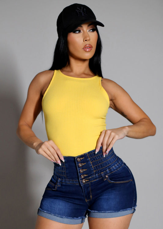 Sleeveless Ribbed Thong Bodysuit Yellow