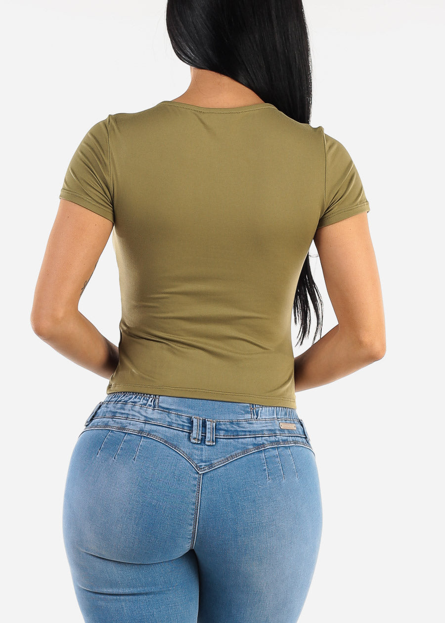 Short Sleeve Cut Out Double Layered Crop Top Olive