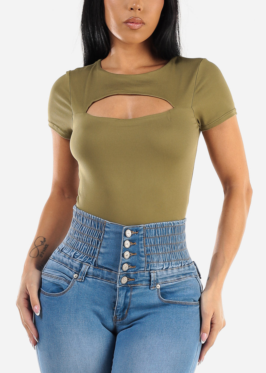 Short Sleeve Cut Out Double Layered Crop Top Olive