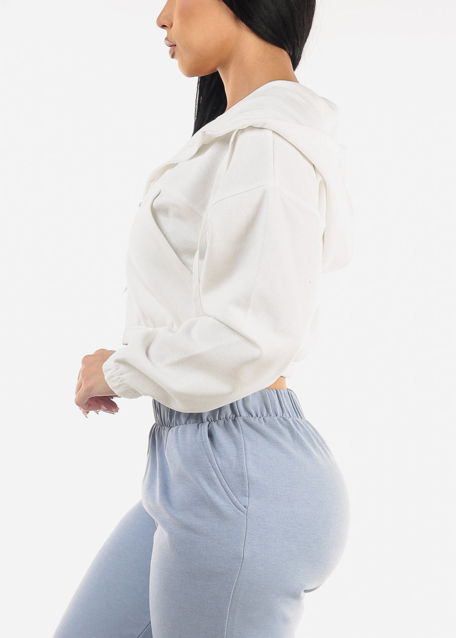 White Hooded Long Sleeve Fleece Cropped Jacket