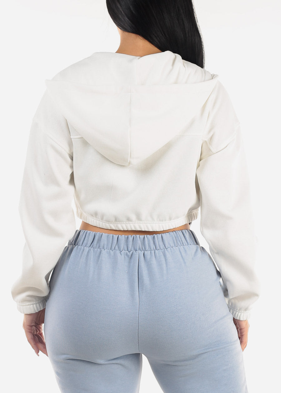 White Hooded Long Sleeve Fleece Cropped Jacket