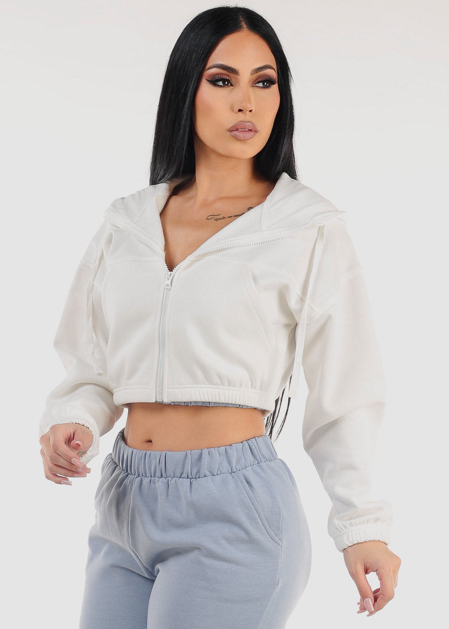 White Hooded Long Sleeve Fleece Cropped Jacket