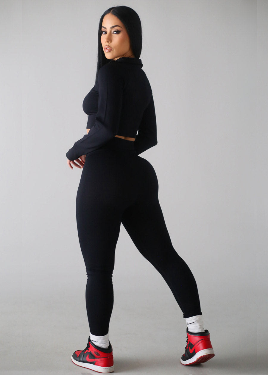 Textured Crop Jacket & Leggings Black (2 PCE SET