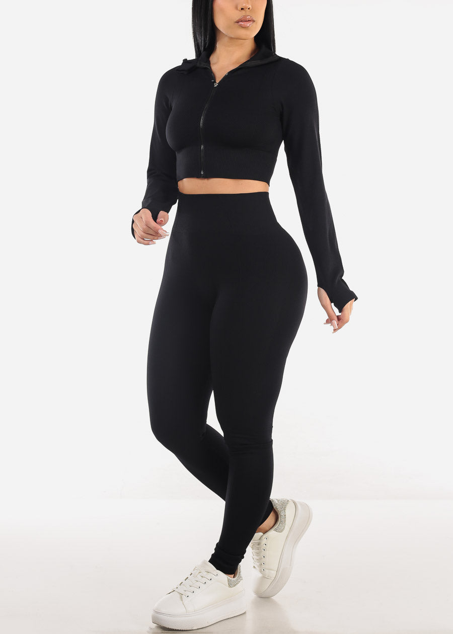 Textured Crop Jacket & Leggings Black (2 PCE SET)