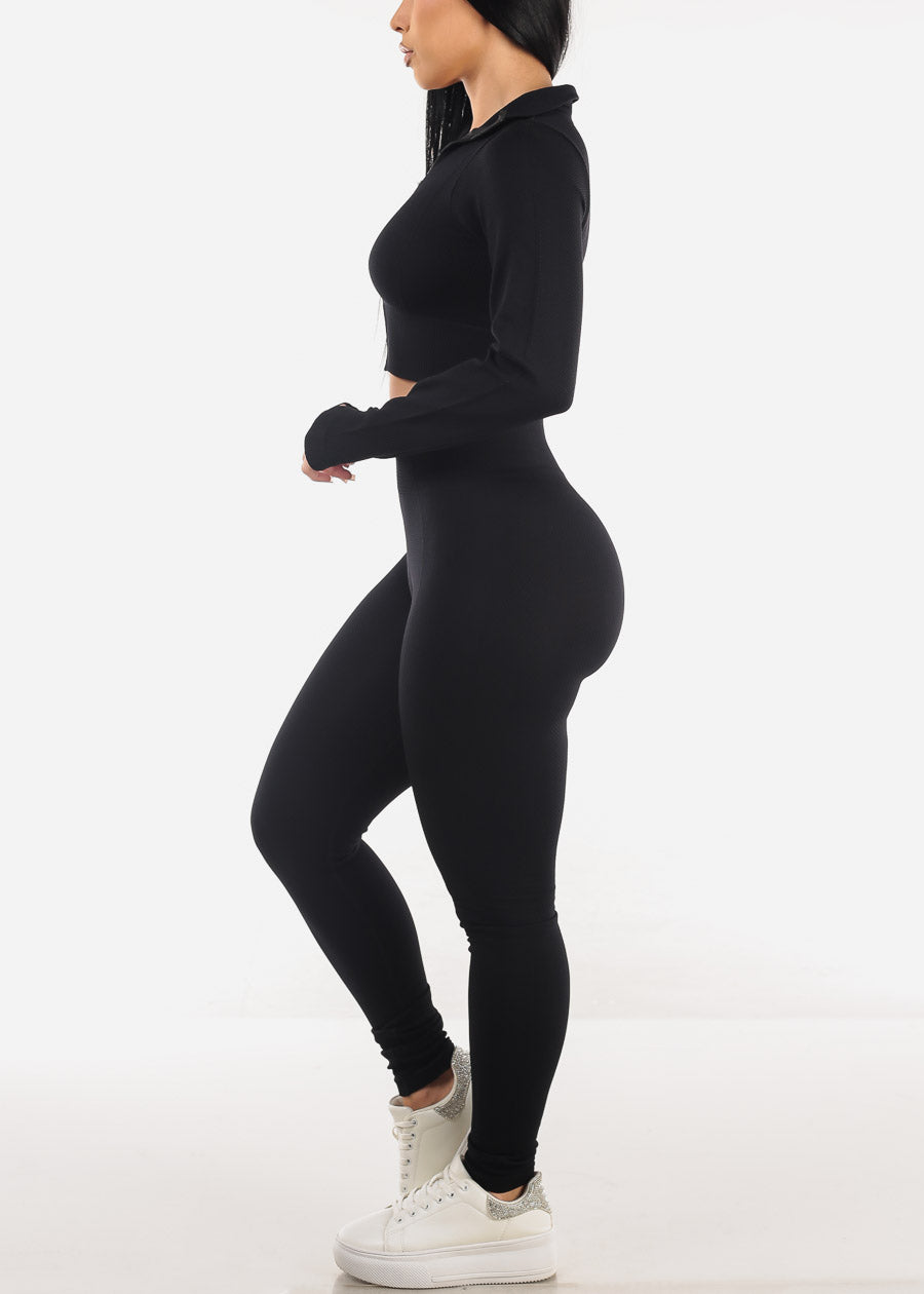 Textured Crop Jacket & Leggings Black (2 PCE SET)