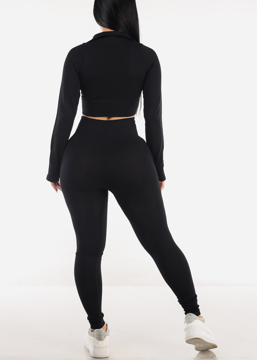 Textured Crop Jacket & Leggings Black (2 PCE SET)