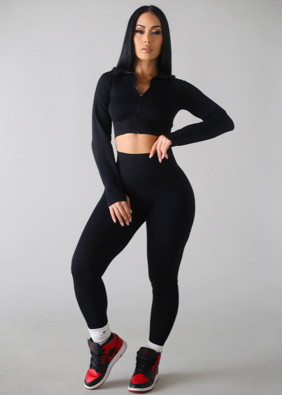 Textured Crop Jacket & Leggings Black (2 PCE SET