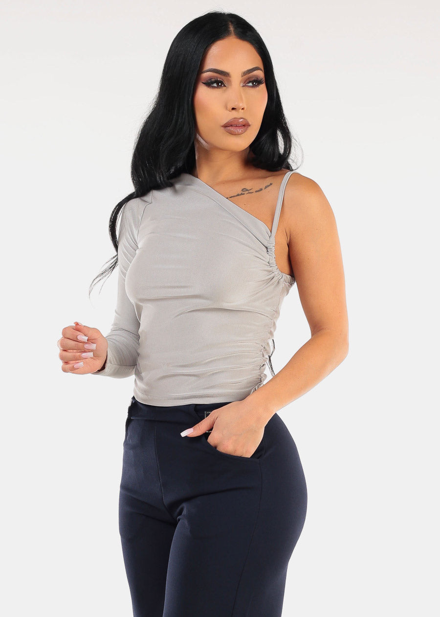 One Shoulder Asymmetrical Neckline Blouse Grey