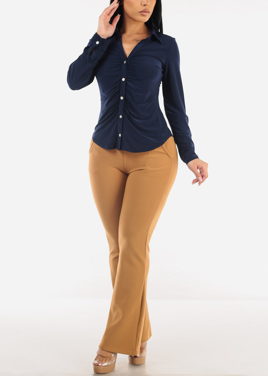 Ruched Button Down Long Sleeve Blouse Navy