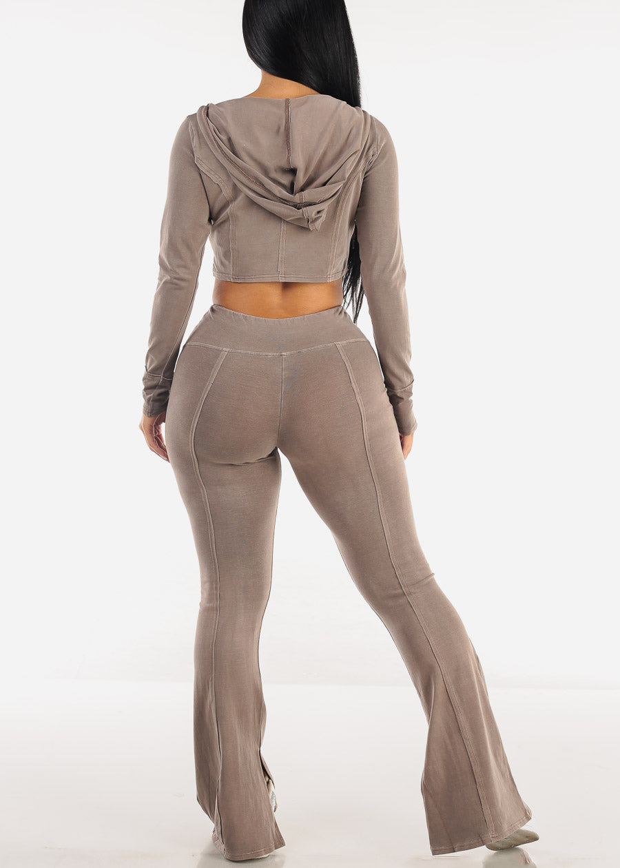 Zip Up Crop Jacket & Flared Pants Mocha (2 PCE SET)