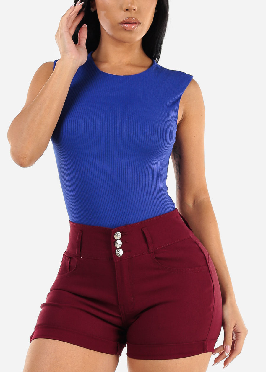 Sleeveless Ribbed Thong Bodysuit Royal Blue