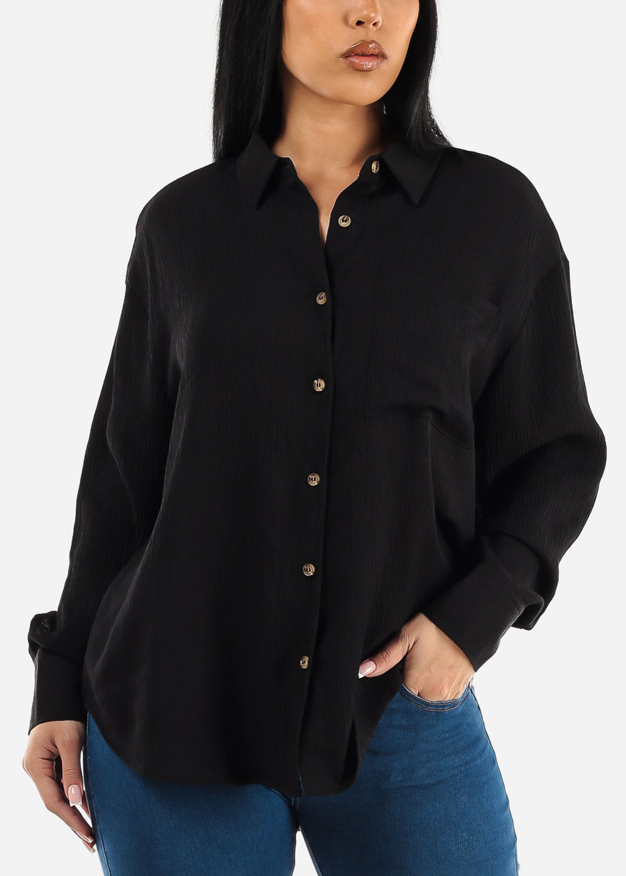 Black Long Sleeve Textured Button Down Shirt