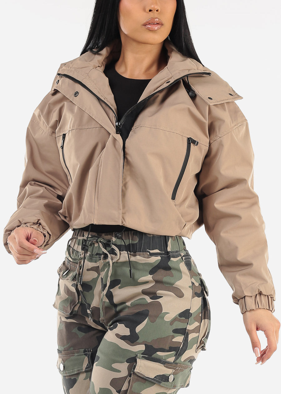 Khaki Zip Up Puffer Cropped Hooded Jacket