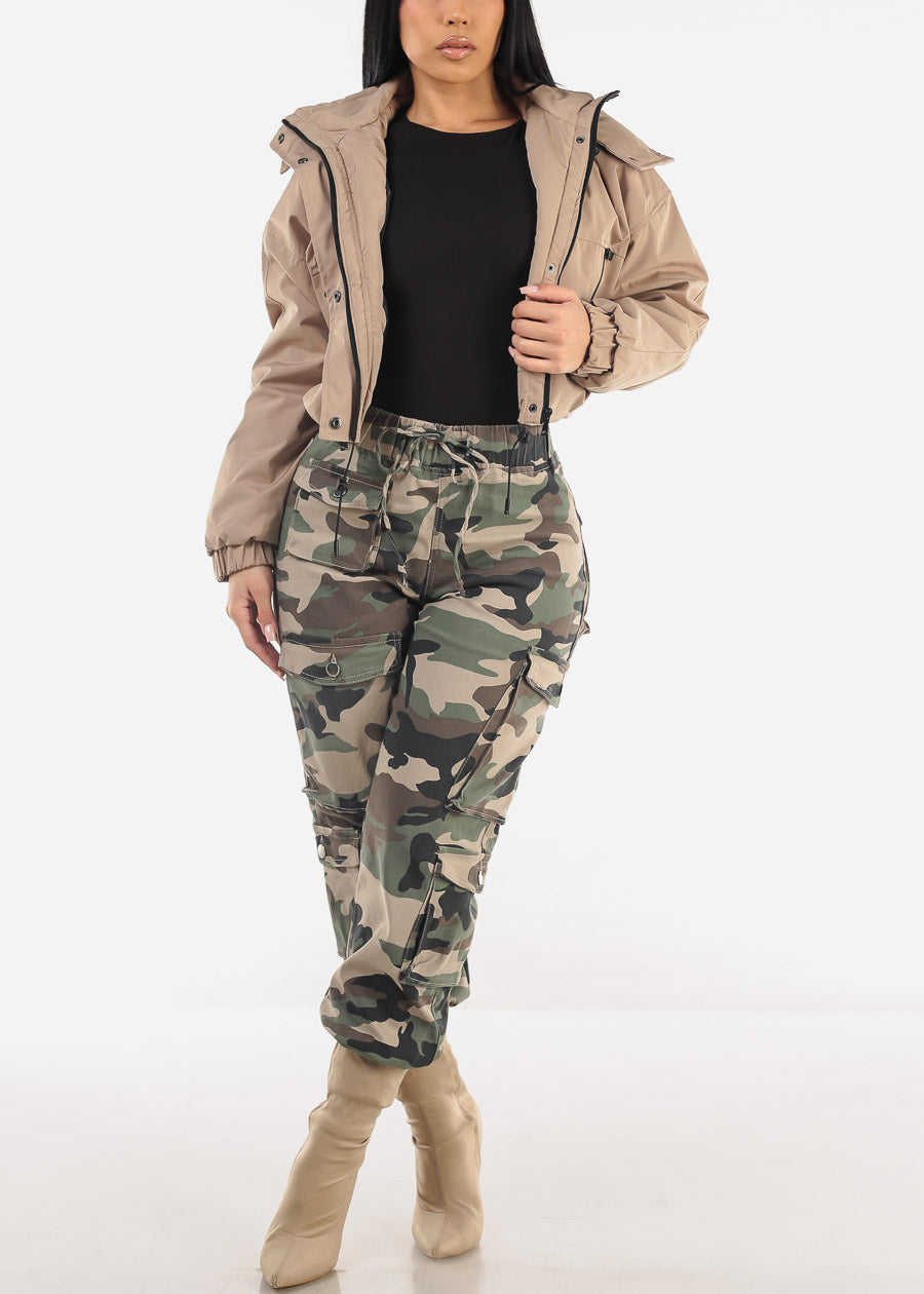 Khaki Zip Up Puffer Cropped Hooded Jacket