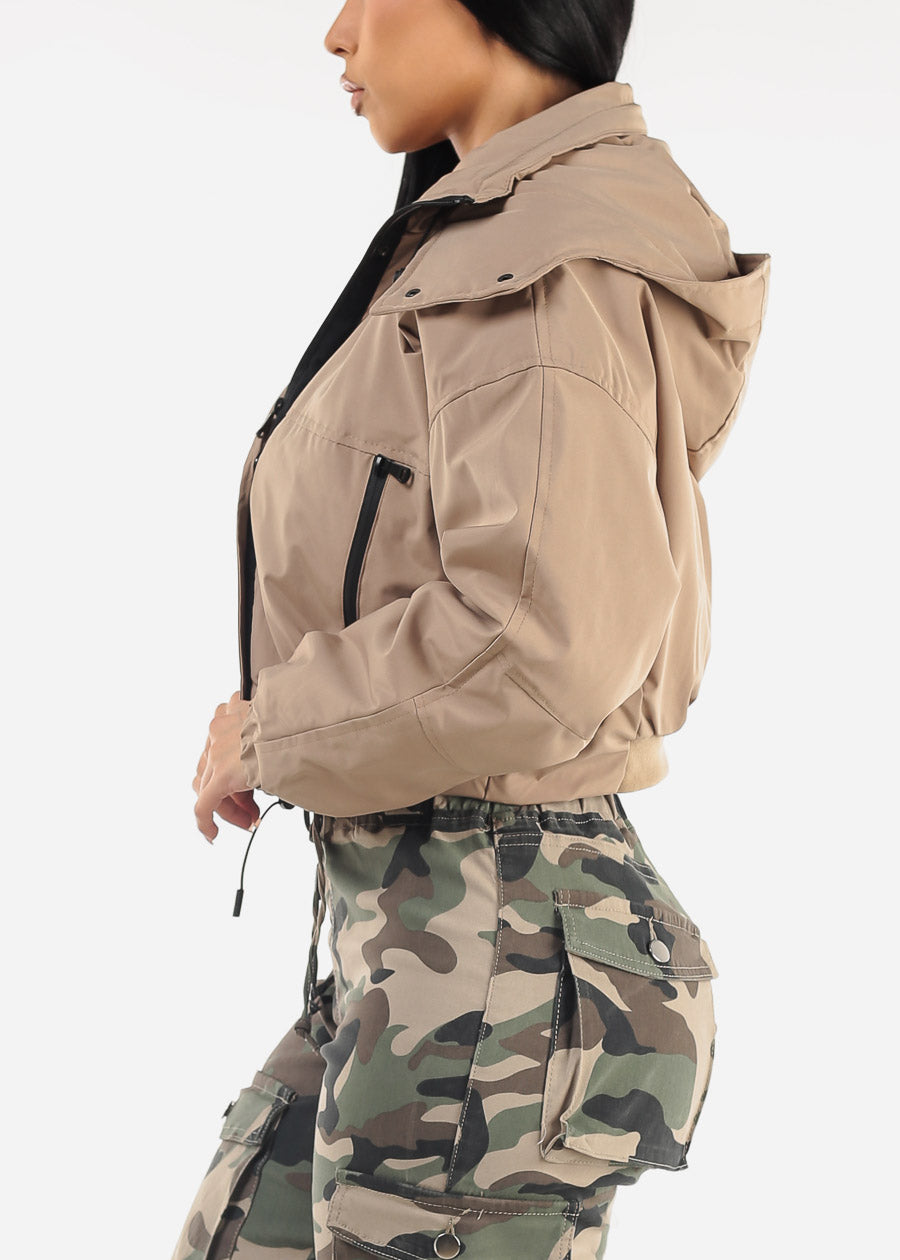 Khaki Zip Up Puffer Cropped Hooded Jacket