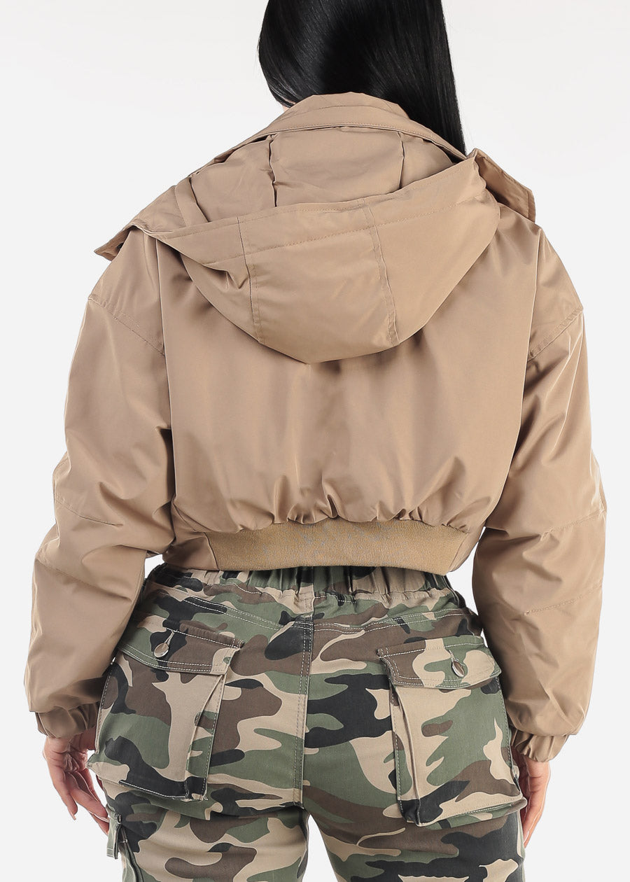 Khaki Zip Up Puffer Cropped Hooded Jacket