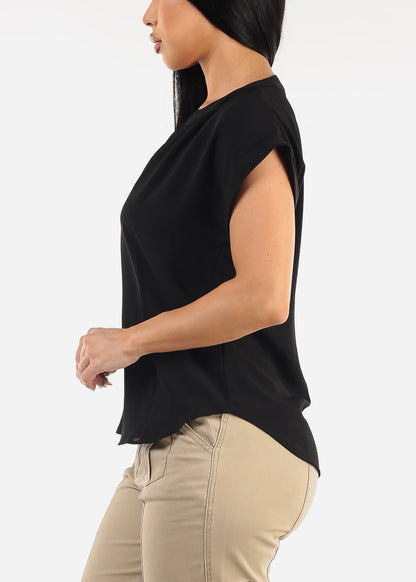Black Cuffed Short Sleeve V-neck Blouse