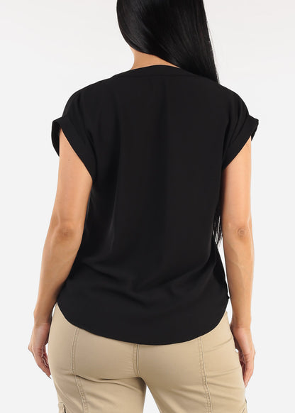 Black Cuffed Short Sleeve V-neck Blouse