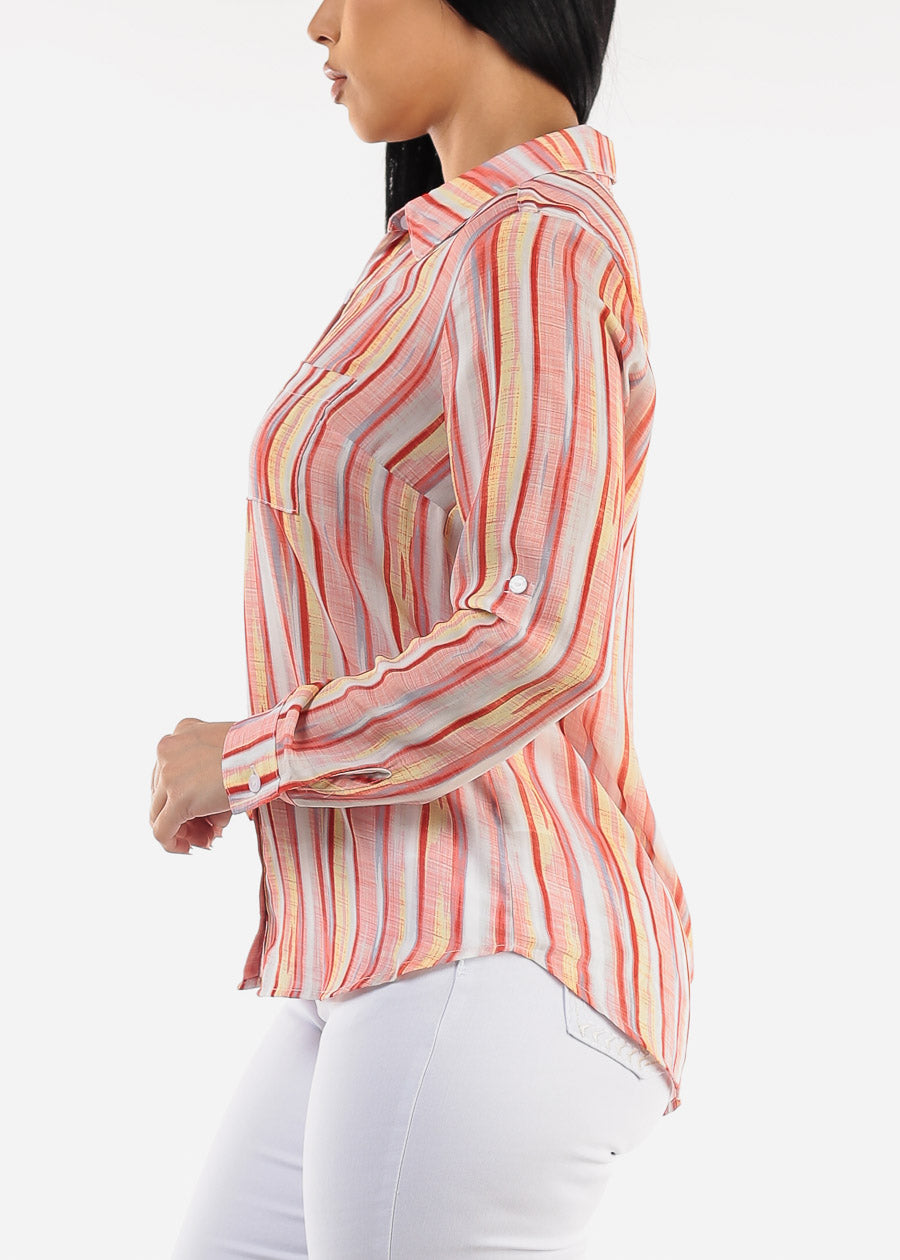 Long Sleeve Button Down Stripe Blouse Multicolor