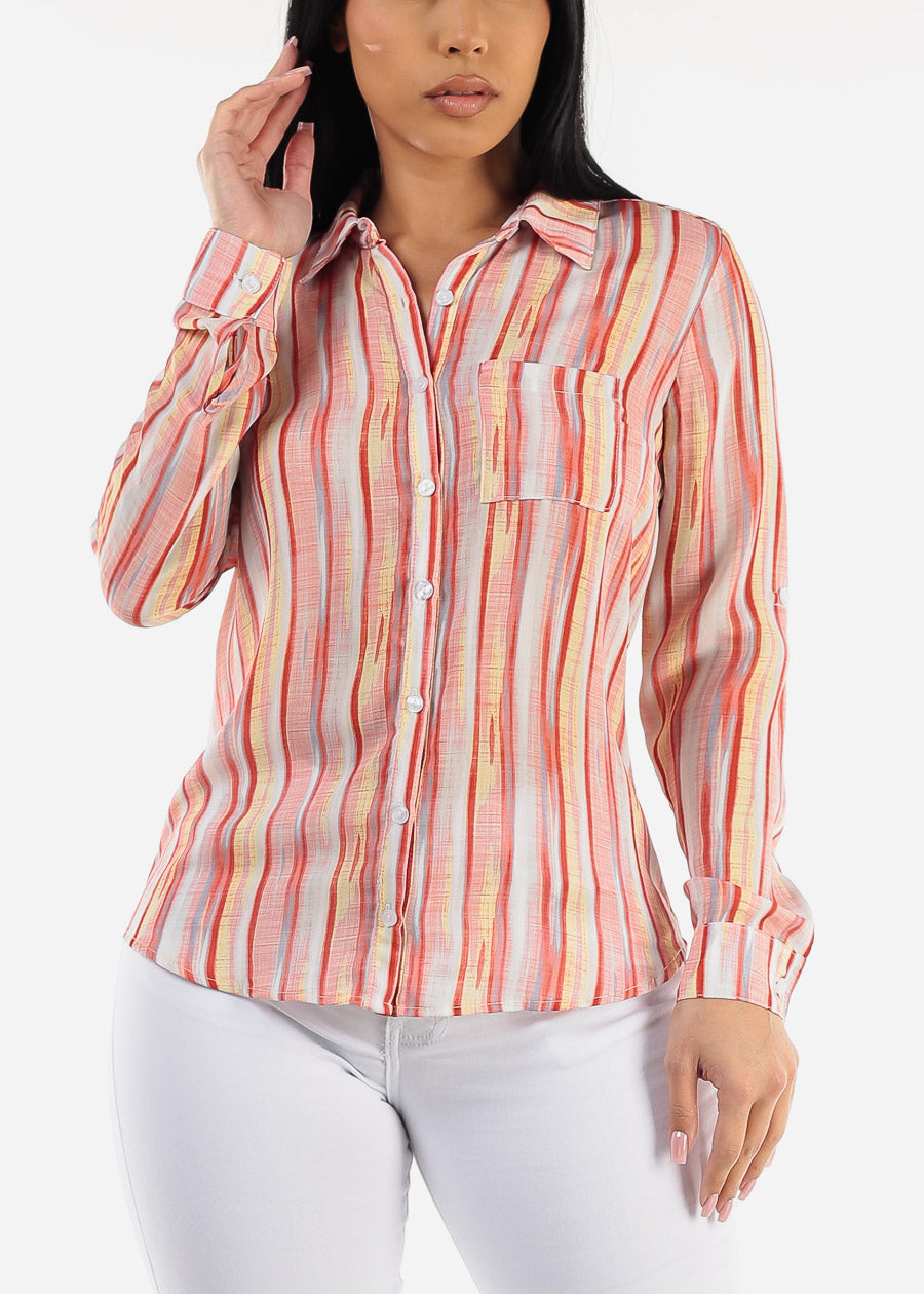 Long Sleeve Button Down Stripe Blouse Multicolor